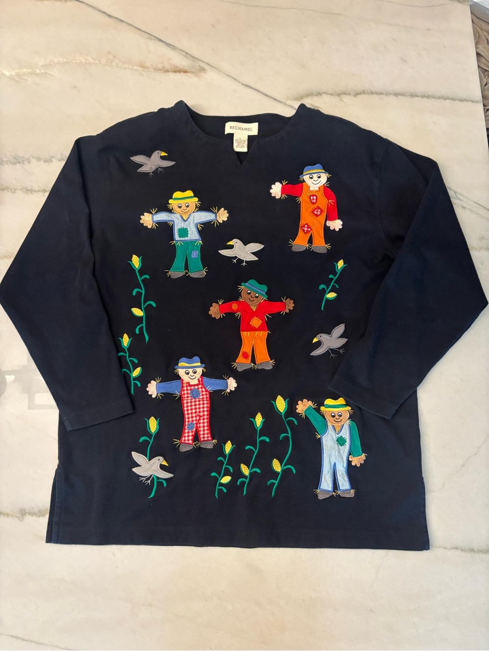 Vintage 90s Bechamel Fall Embroidered Pullover Sweater Cotton Grannycore Top Lg